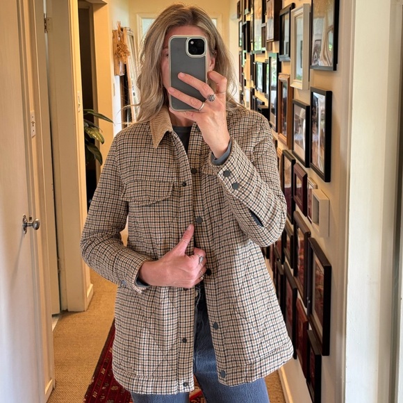 Zara Plaid Quilted Corduroy Collar Tan Cream Black Button Down Jacket Shacket - Picture 3 of 14